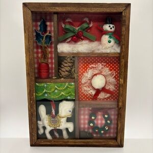 Vintage Christmas Kitsch Shadow Box Assemblage Miniature Snowman Horse  7x10 In